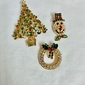 Goldtone Christmas Brooches Triple Set - Tree, Wreath, and Snowman